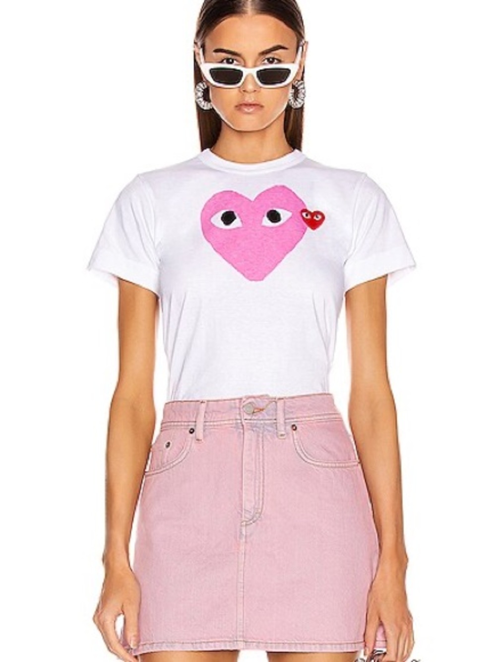 Comme des Garcons White Tee with Pink Heart Graphic